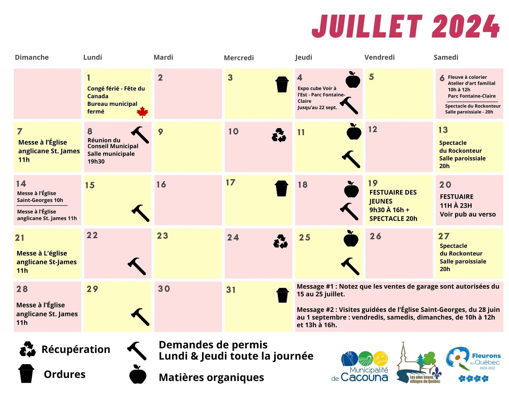 Calendrier Juillet 2024 recto