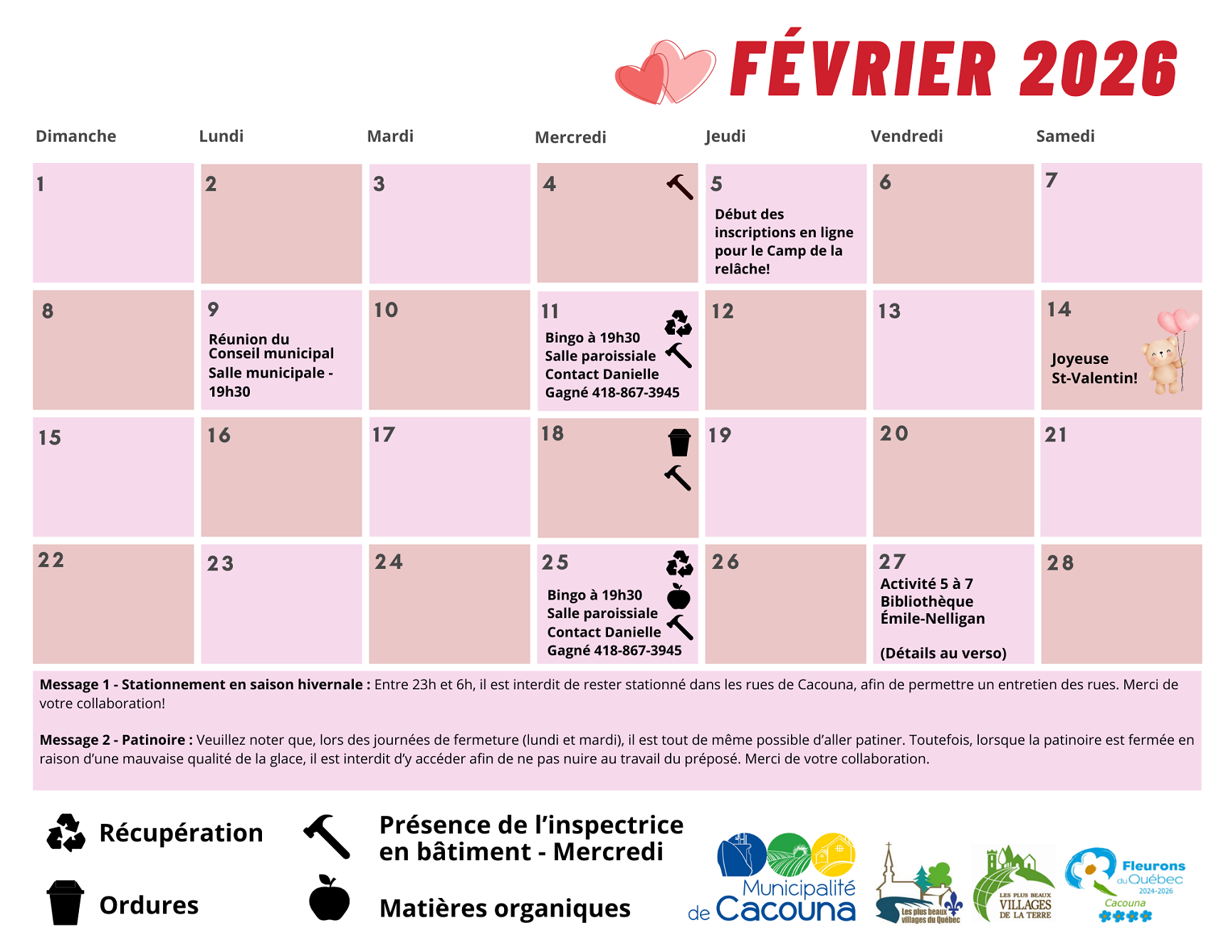 Calendrier Février 2026 recto